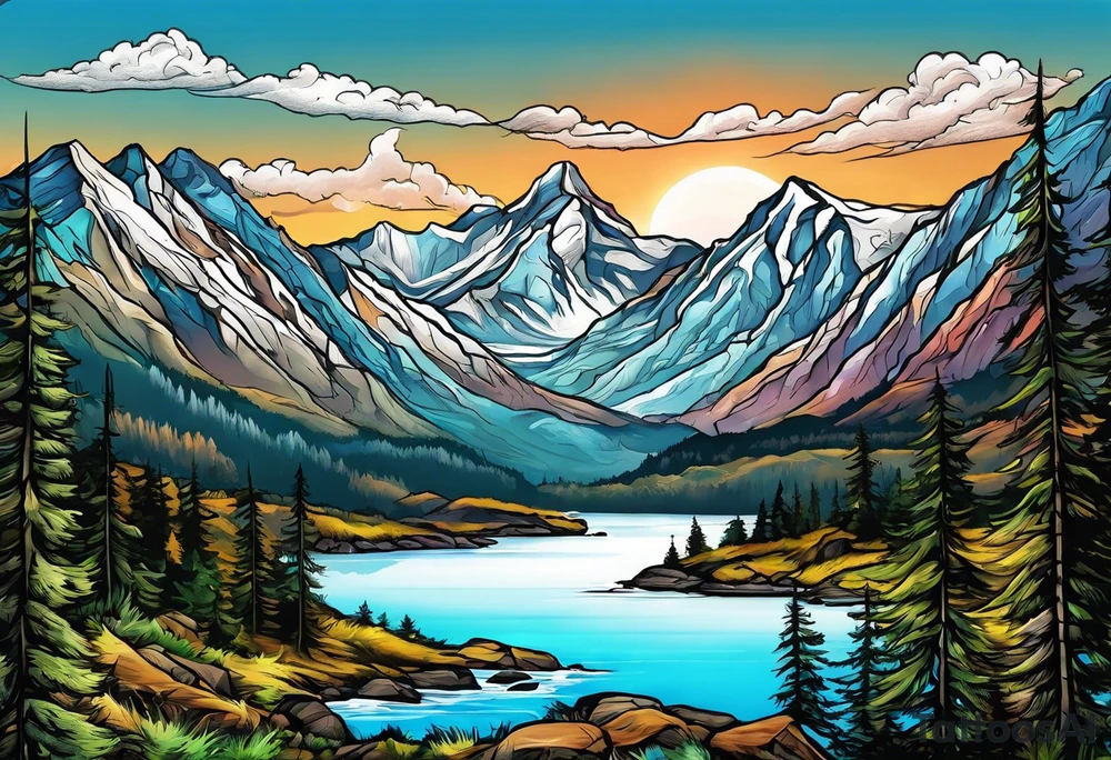 Mountains with water and name Caiden and Sawyer tattoo idea