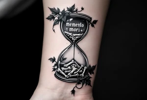 A grayscale hourglass with bones slowly slipping through, framed by dark ivy leaves and "memento mori" in faint white ink across the glass. tattoo idea