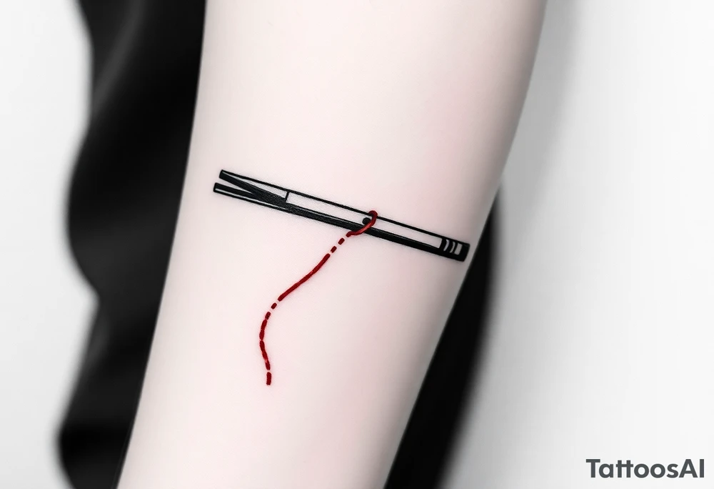 chinese chopsticks with a red thread by the end of it,
about 5cm long , 1 cm wide
it goes into the anterior part of the left wrist tattoo idea