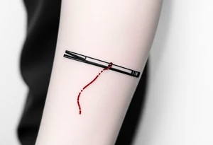 chinese chopsticks with a red thread by the end of it,
about 5cm long , 1 cm wide
it goes into the anterior part of the left wrist tattoo idea