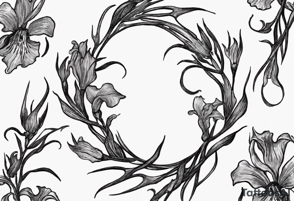 Create a small Vincent van Gogh Irises tattoo. The tattoo should take the form of a crescent, with vines gracefully intertwining at a central point in the middle of the wreath. Ensure that the design avoids the appearance of a bush and maintains a more structured and deliberate arrangement. The intended placement is on the upper chest. The overall design should be small in size while maintaining a delicate and artistic aesthetic. Pay attention to the graceful flow of the vines and the placement of the irises to achieve a refined and elegant look. tattoo idea