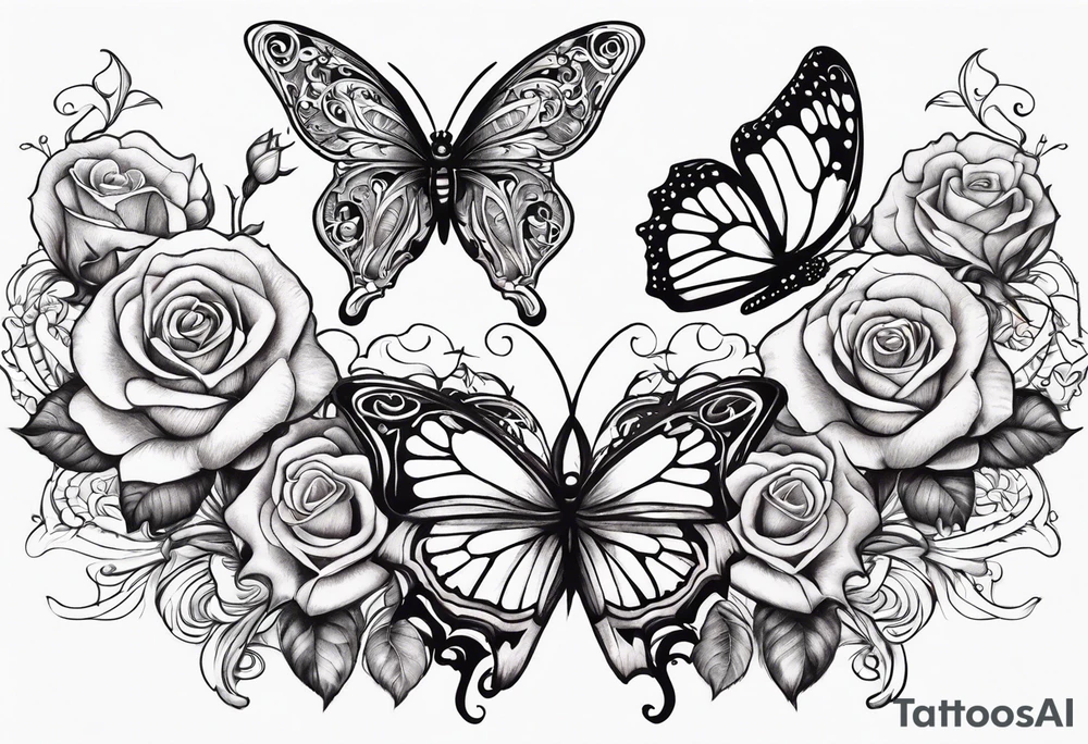 Butterflies flying with roses & filligree tattoo idea