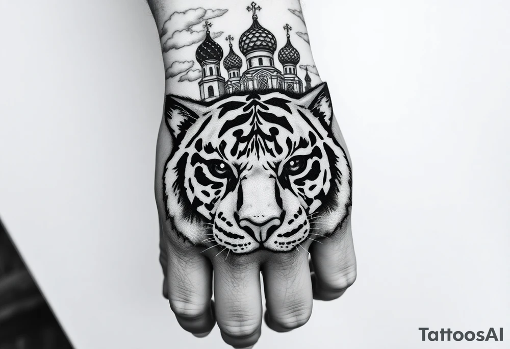 Realistic tiger face on the back of the hand with its eyes ALL black and no pupils, sitting beneath a Russian Orthodox cathedral sitting above on the top fore arm with onion domes and orthodox crosses. with clouds above and a virgin mary tattoo idea