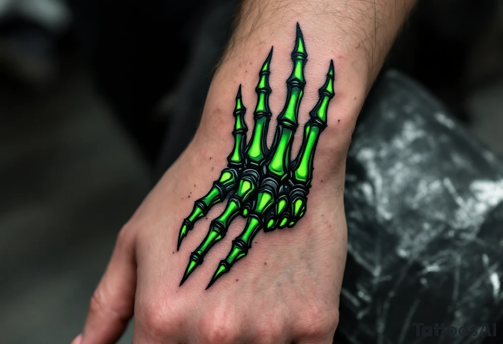 A robotic skeletal hand in matte black and neon green, seamlessly blending into the wrist like real armor. tattoo idea