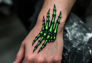 A robotic skeletal hand in matte black and neon green, seamlessly blending into the wrist like real armor. tattoo idea