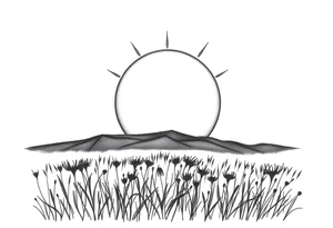 Sun Over a Darkened Landscape
A rising or setting sun with deep shading, casting shadows over a field of grass or flowers.
Could include a mix of stippling and solid shading for depth. tattoo idea