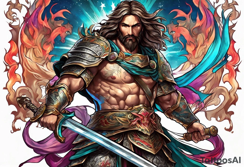 Almighty powerful Jesus in his indestructible armor and using his sword to cut off Serpent head tattoo idea