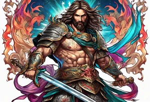 Almighty powerful Jesus in his indestructible armor and using his sword to cut off Serpent head tattoo idea