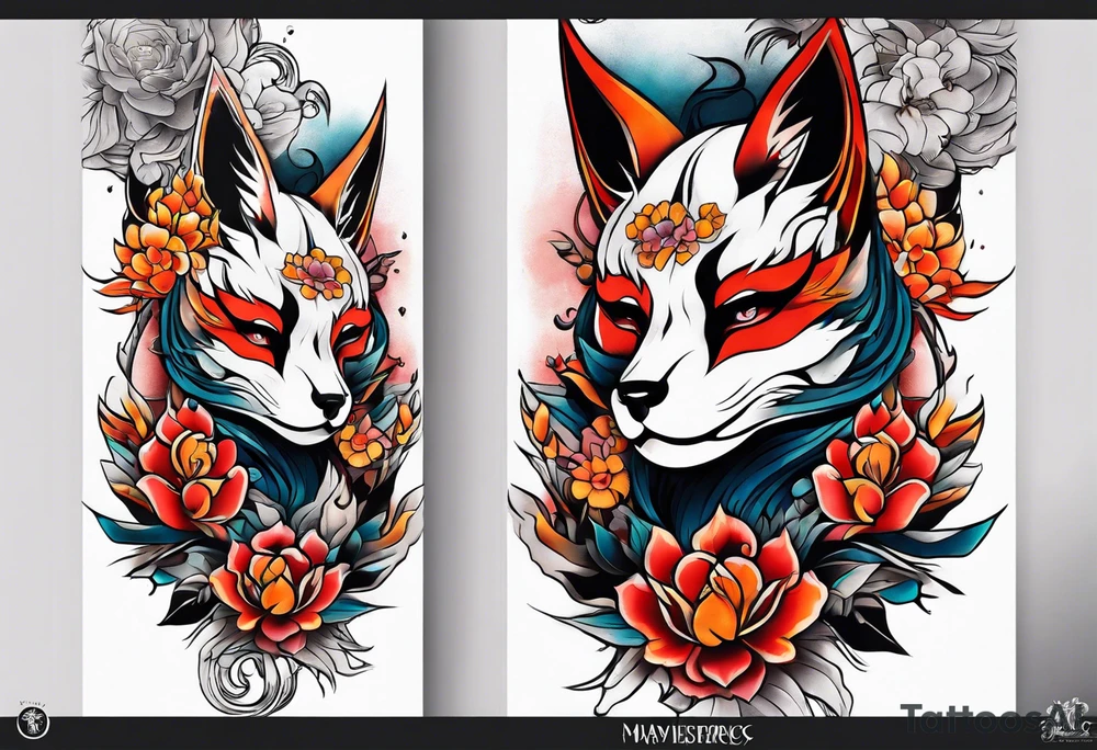 Neotraditional tattoo sleeve with a destroyed mask with flowers and kitsune coming out of it tattoo idea
