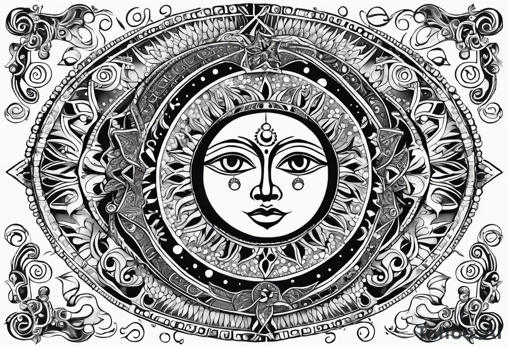 Mexican alien Sun and moon. Freeform rectangular sternum swirls with dots and stars tattoo idea