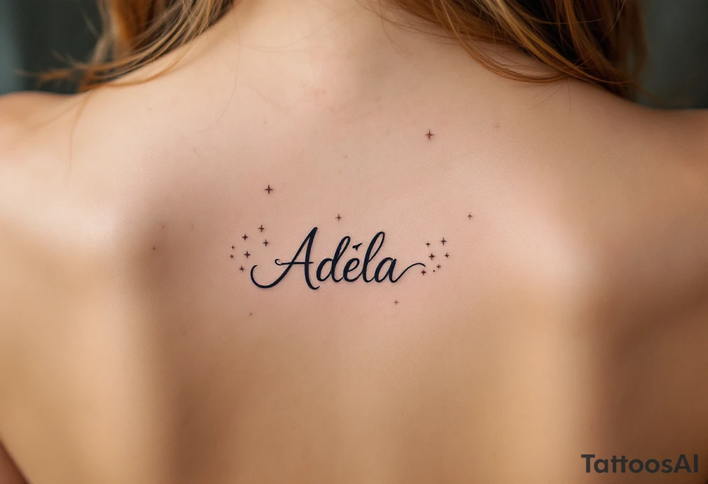 Mint green and pale lavender footprints with name Adéla, surrounded by small stars that reflect her shining future. tattoo idea