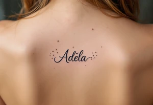 Mint green and pale lavender footprints with name Adéla, surrounded by small stars that reflect her shining future. tattoo idea