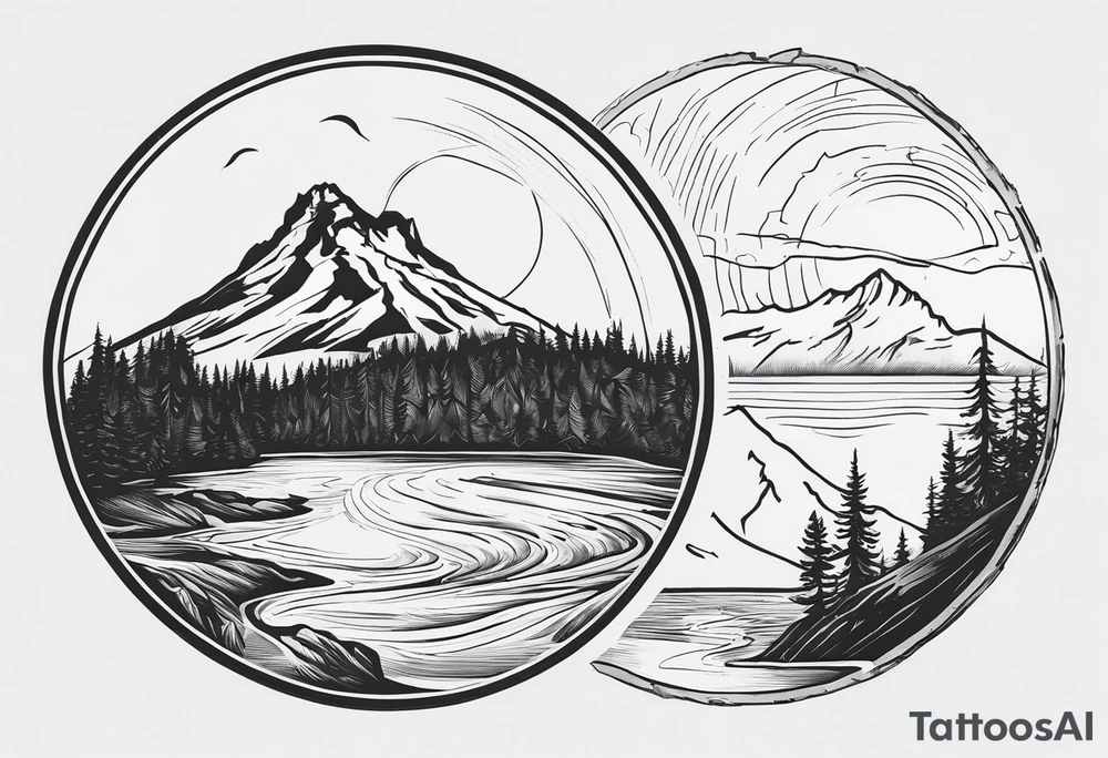 Compass directions with haystack rock in the top left, mount hood in the top right, alsea falls in the bottom left, crater lake in the bottom right tattoo idea