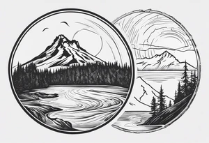 Compass directions with haystack rock in the top left, mount hood in the top right, alsea falls in the bottom left, crater lake in the bottom right tattoo idea