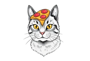 fat grey tabby cat portrait with pizza slice on its head tattoo idea