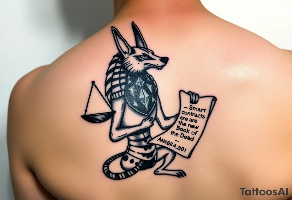 "Anubis as a blockchain arbitrator:  
- Jackal head replaced with NFT pixel-art  
- Scales weigh ETH vs. human souls  
- Scroll in paw: *'Smart contracts are the new Book of the Dead'*  

Style: Glitch hieroglyph. Black/neon green. Forearm." tattoo idea