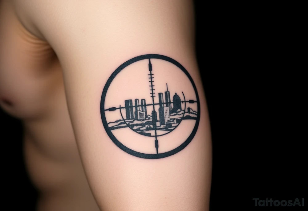 scope crosshairs with eerie Los Angeles city horizon in background tattoo idea