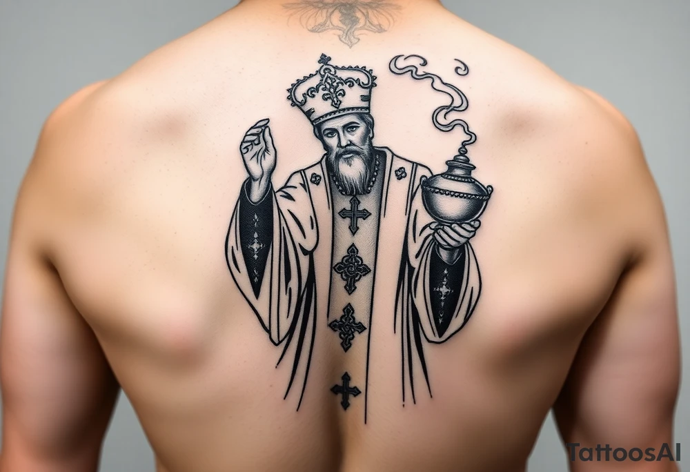 Russian Orthodox Priest in fully detailed vestment swinging a censer with smoke curling upward tattoo idea