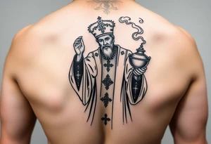 Russian Orthodox Priest in fully detailed vestment swinging a censer with smoke curling upward tattoo idea