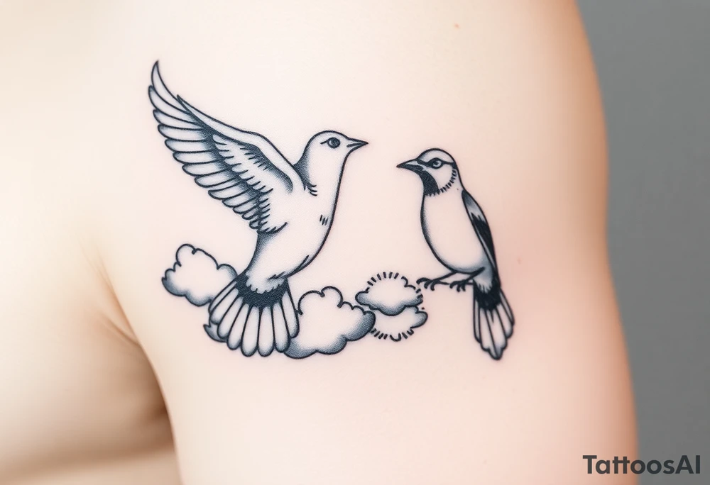 Dove and a blue jay, clouds, shining light to or from heaven tattoo idea