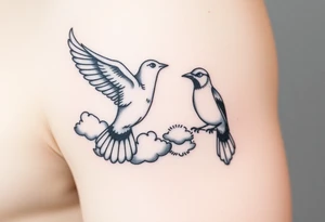Dove and a blue jay, clouds, shining light to or from heaven tattoo idea