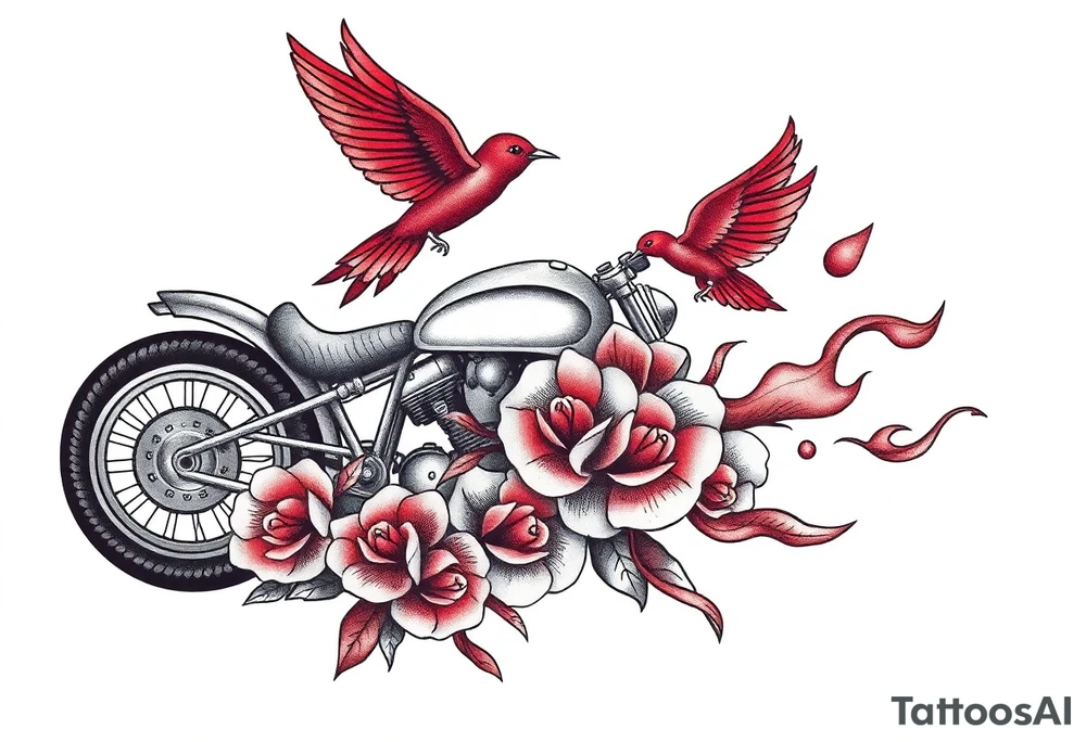 Motorcycle, red bird flying, roses and lace, flames tattoo idea