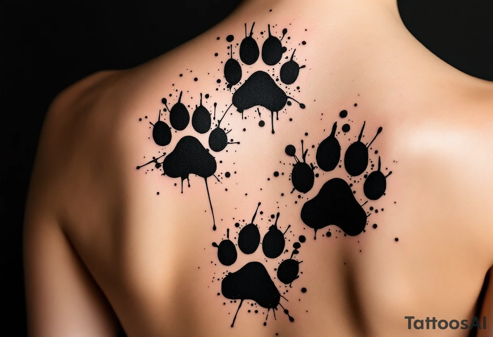 Ink-Splattered Paw Prints – Black paw prints with chaotic ink splashes around them, looking like a cat jumped across your skin while painting. tattoo idea
