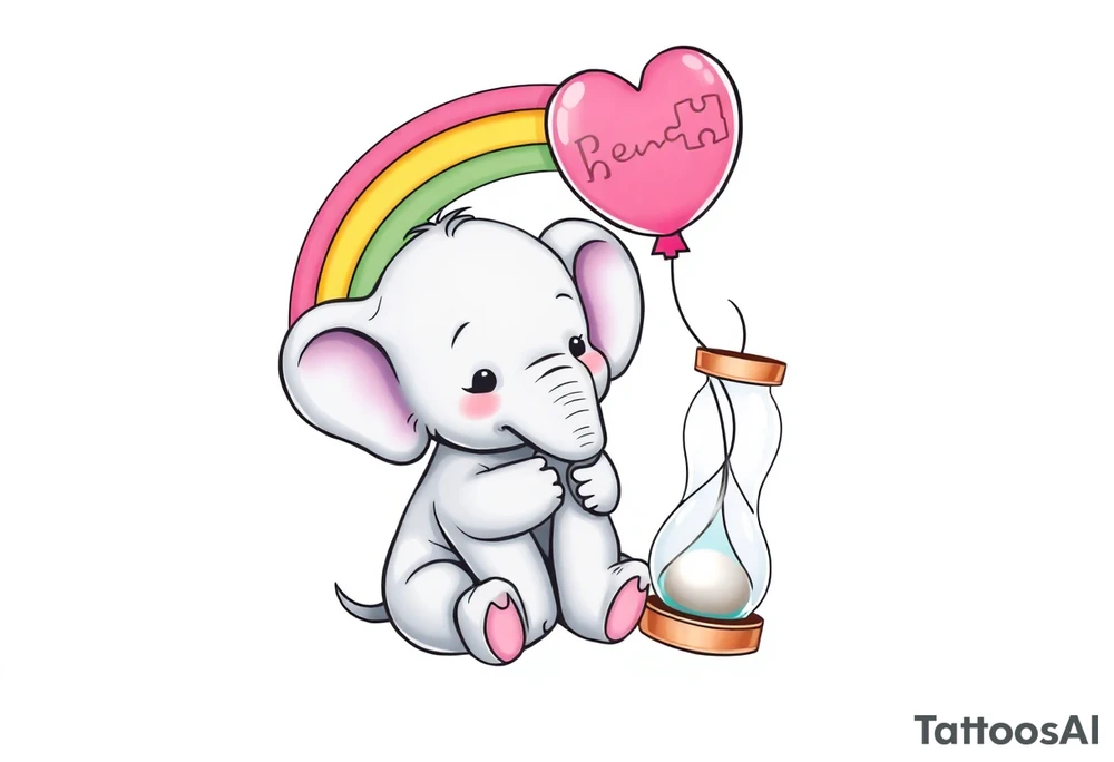 Baby elephant sitting next to an hour glass holding rainbow autism puzzle balloon tattoo idea