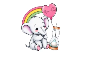 Baby elephant sitting next to an hour glass holding rainbow autism puzzle balloon tattoo idea