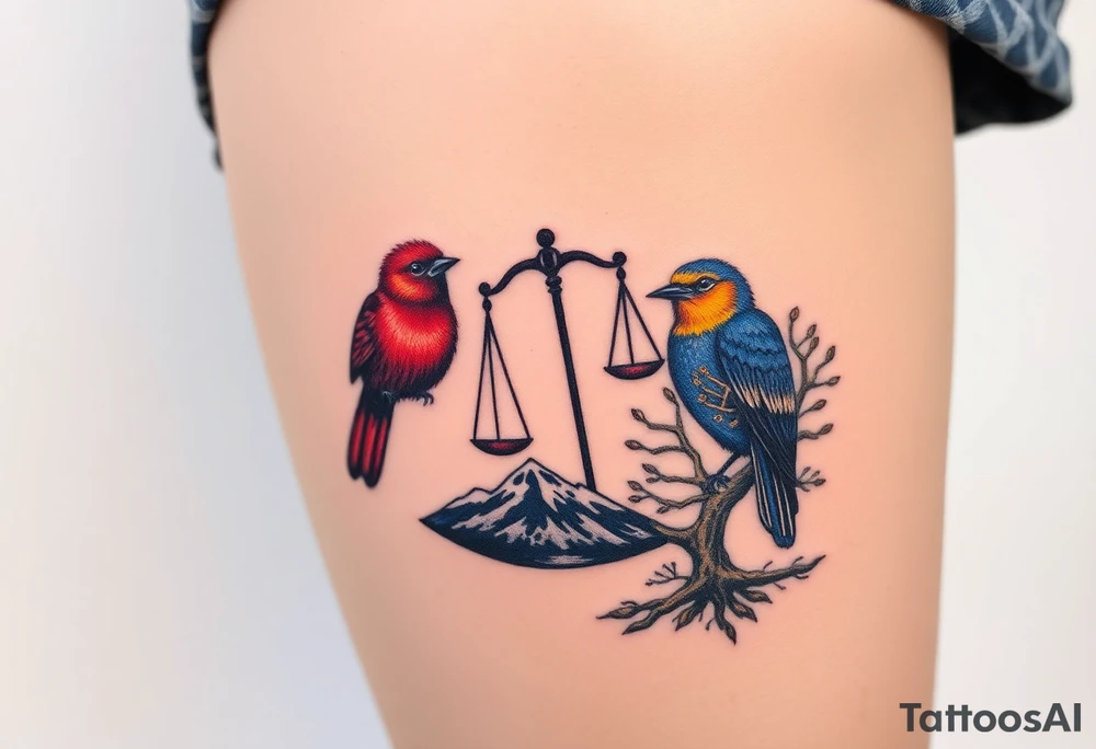 one of the birds red wearing a suit, other bird navy blue with glasses or holding a book, scales of justice built into a tree, starry night painting and mountain background tattoo idea