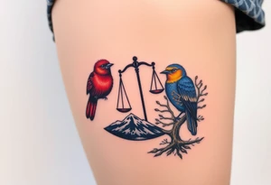 one of the birds red wearing a suit, other bird navy blue with glasses or holding a book, scales of justice built into a tree, starry night painting and mountain background tattoo idea