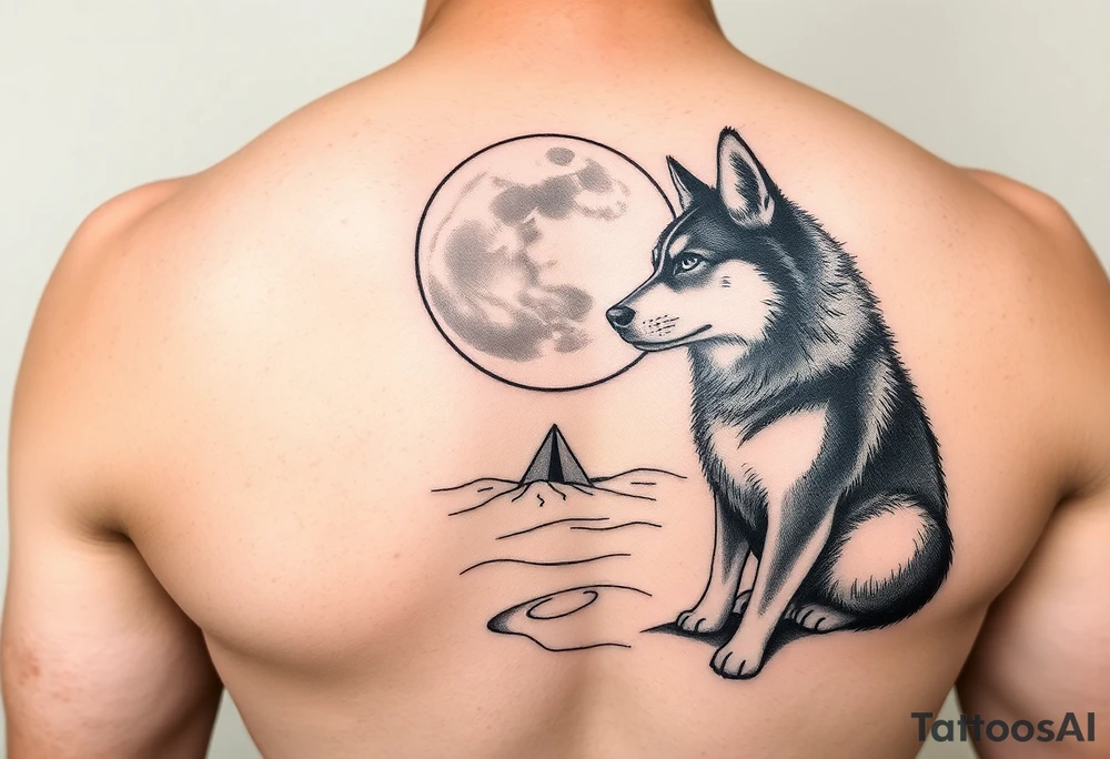 smALL HUSKY LOOKING AT A TRIBAL MOON STANDONG IN THE SAND IN THE SEA tattoo idea