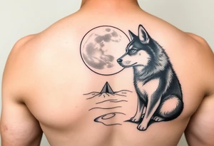 smALL HUSKY LOOKING AT A TRIBAL MOON STANDONG IN THE SAND IN THE SEA tattoo idea