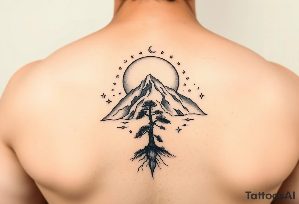 sun, moon, stars, mountain, tree
太陽、月、星、木 tattoo idea