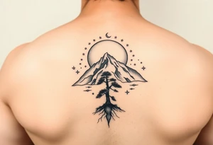 sun, moon, stars, mountain, tree
太陽、月、星、木 tattoo idea
