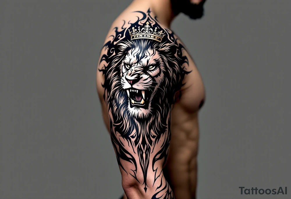 Realistic angriest lion with whole body with crown and "VERONESI" name add on it tattoo idea
