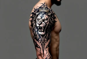 Realistic angriest lion with whole body with crown and "VERONESI" name add on it tattoo idea