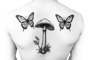 mushroom with 2 butterflies above it on your lower inner arm tattoo idea