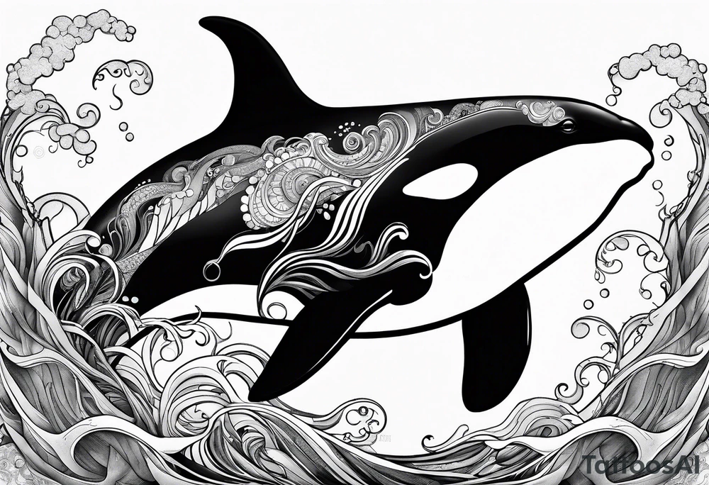 transient orca, Japanese realism, simplistic, shaded high contrast, flowing, kelp highlights tattoo idea