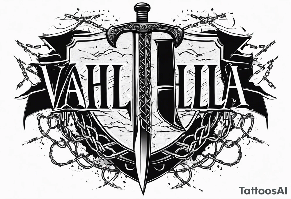 Valhalla sword shield axe barbed wire chains dark cloud lightning tattoo idea