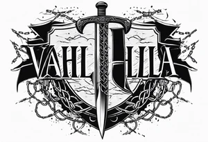 Valhalla sword shield axe barbed wire chains dark cloud lightning tattoo idea