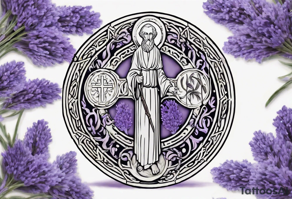 I'm looking for a custom tattoo design featuring a faithful and precise representation of the Saint Benedict medal, surrounded by delicately intertwined lavender flowers to create a harmonious and aesthetically pleasing composition. The focus should be on maintaining the authenticity of the Saint Benedict medal while incorporating the serene beauty of lavender blooms around it. The design should strike a balance that captures the symbolic essence of the medal within a visually appealing tattoo. tattoo idea