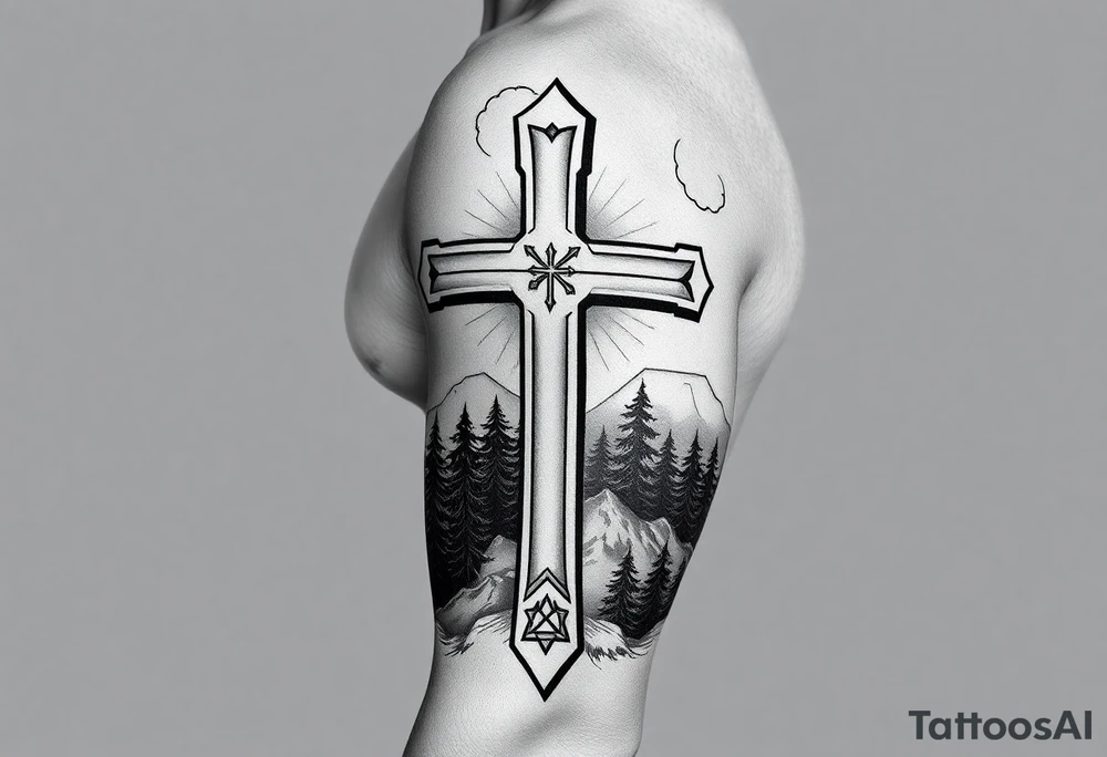 russian orthodox cross with the diagonal line at the bottom with a light forrest with a light mountainous setting tattoo idea