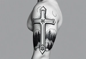 russian orthodox cross with the diagonal line at the bottom with a light forrest with a light mountainous setting tattoo idea