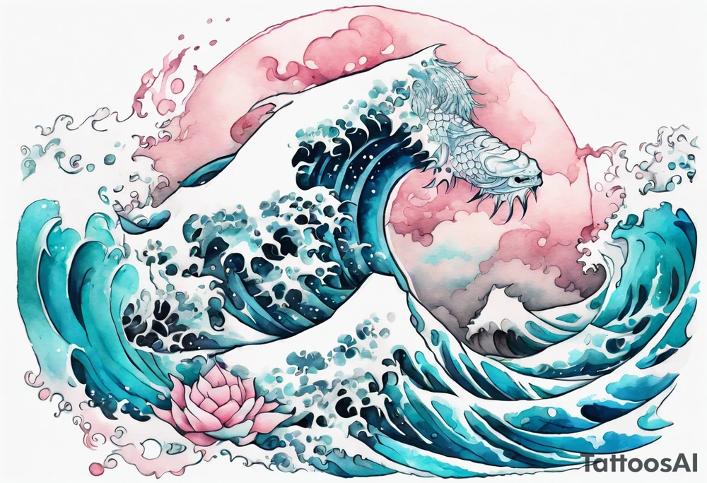 a beautiful turquoise and white and pink dagon rising from the blue waves of the ocean tattoo idea