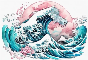 a beautiful turquoise and white and pink dagon rising from the blue waves of the ocean tattoo idea
