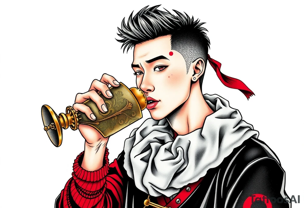 Handsome Asian young guy is drinking from medieval feast cup tattoo idea