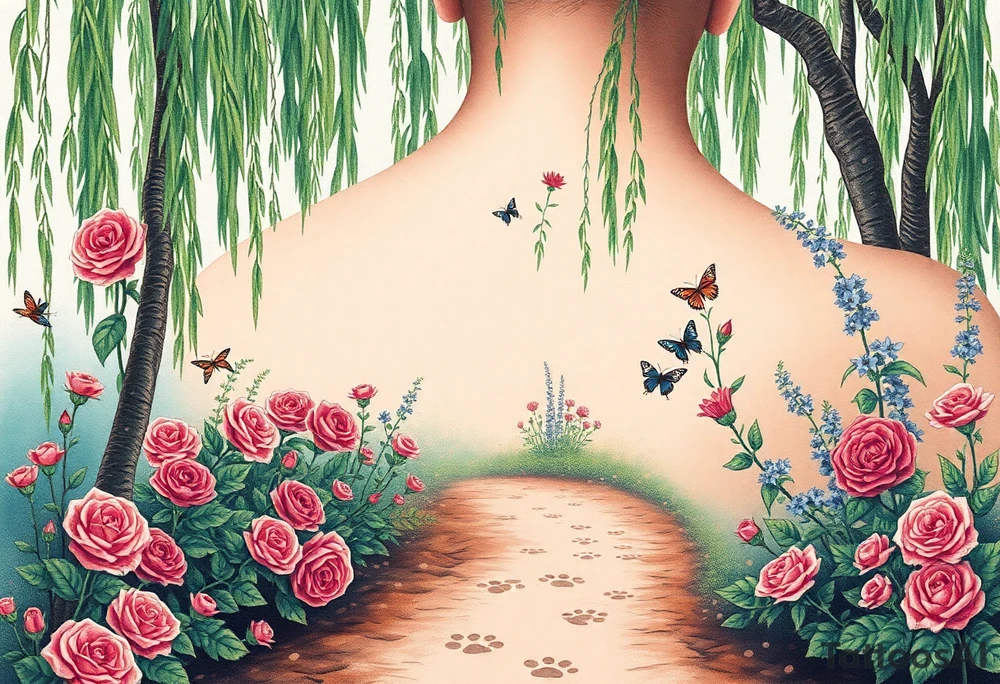 weeping willow garden with roses and liles flower beds. fantasy creatures, fairies, mermiads, dragons butterflies,  cat paw prints path in dirt. tattoo idea