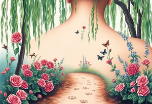 weeping willow garden with roses and liles flower beds. fantasy creatures, fairies, mermiads, dragons butterflies,  cat paw prints path in dirt. tattoo idea