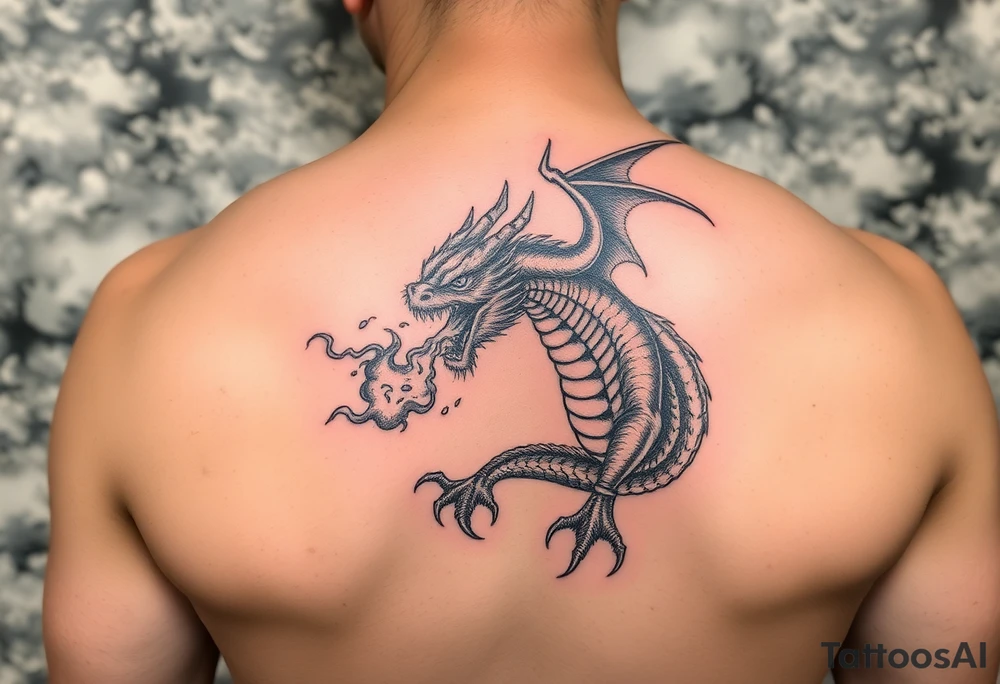 fierce dragon breathing iridescent fire against stormy skies tattoo idea